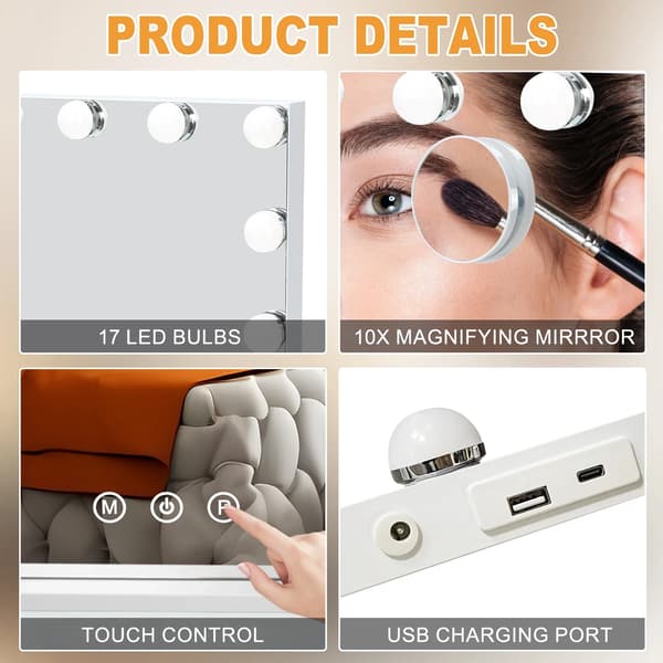 Sminkspegel, dimbar LED-belysning, touchkontroll,VIT