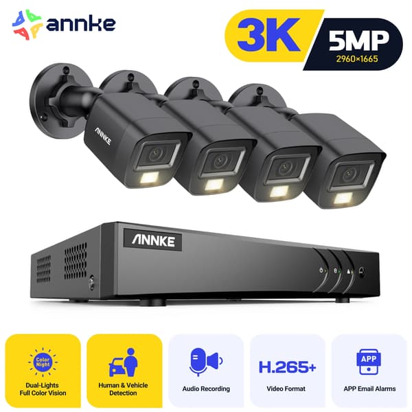 Sikkerhedskamera System, 5 MP Opløsning, Smart Nattesyn,sort 8CH 4PCS, Ingen