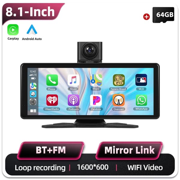 Bilmonitor, Trådløs forbindelse, Dual DVR-funktionalitet,Med 64G TF-kort
