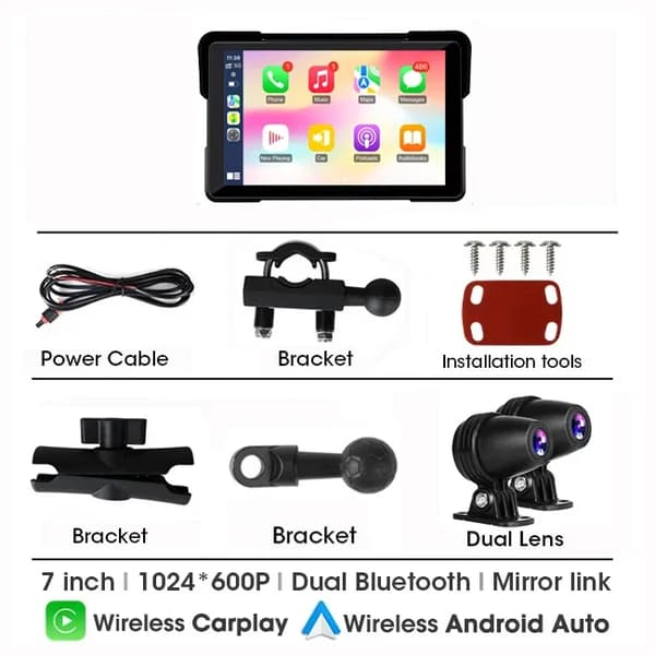 Motorcykel DVR, Dual Linse, Trådløs CarPlay og Android Auto,64G, Motor DVR