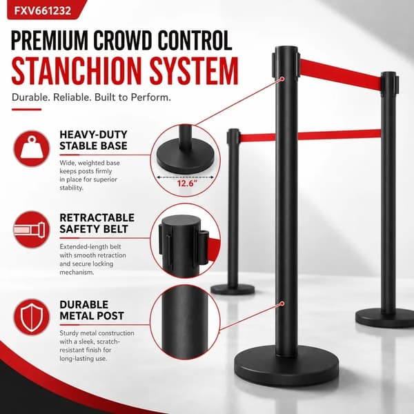 Retractable Barrier Post, Kraftig rustfrit stål, Højde 36 tommer, Sort farve, Base diameter 12 tommer, Retractable bælte længde 6,5 fod