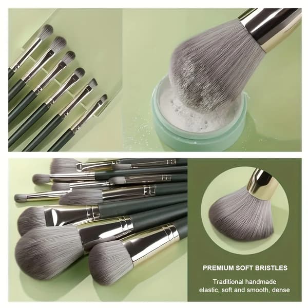 Makeupbørstesæt, 14 Stykker, Bløde Fibre,14PC-Grøn