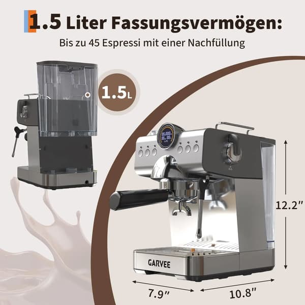 Espresso Kaffemaskine, 1450W Effekt, Mælkeskummer,Sølv, EU