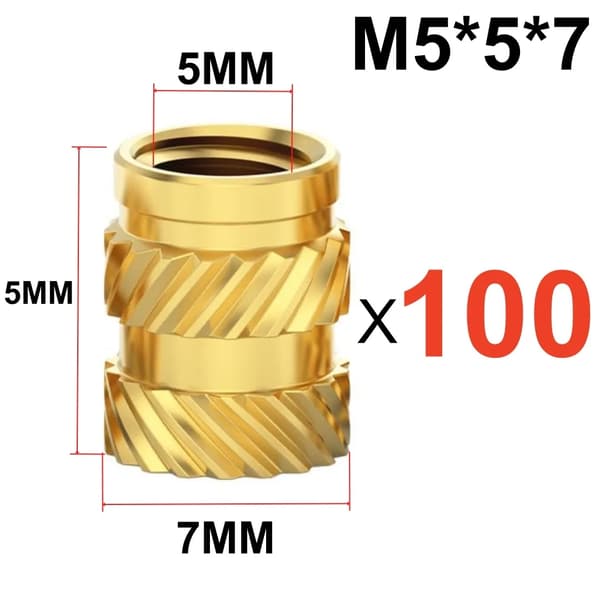 Indsættelse af indlægsmøtrikker, messingmateriale, rillet design,100 PCS M5X5X7