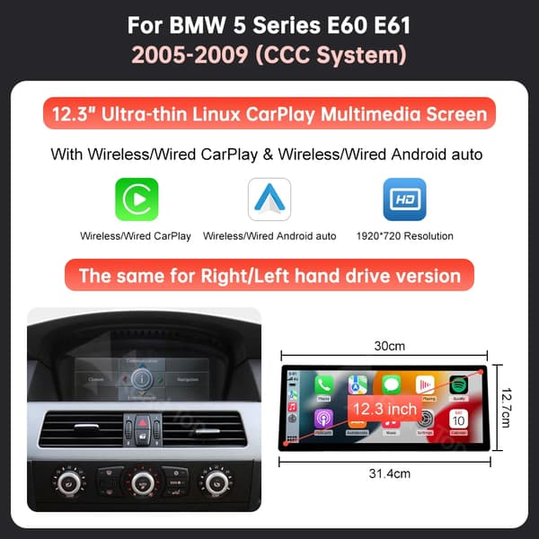 Bil Multimedia Display, Trådlös CarPlay, Enkel Installation,12.3 E60 CCC