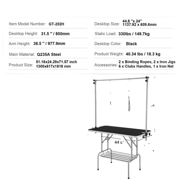 Kæledyrsgroomingbord, Justerbar arm, Holdbart design,45inch