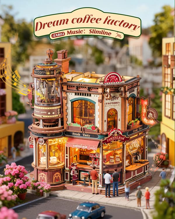 Miniature Kaffebar, Mekaniske Bevægelige Dele, LED Belysning,Drøm Kaffe