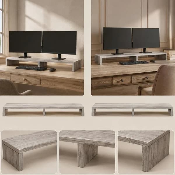 Dubbel bildskärmsställ, ergonomisk design, integrerade förvaringsfack,Gris