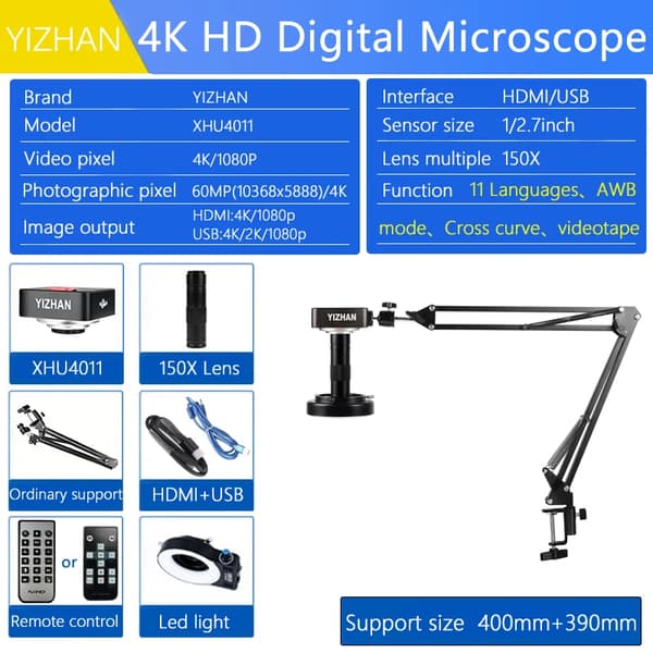 Digital Mikroskop, 1-150x Zoom, HDMI og USB-forbindelse,Sæt A  60MP 4K 4011