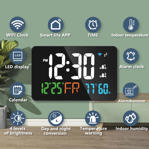 Digitalur, WiFi-forbindelse, intelligent termometer og hygrometer,HVID