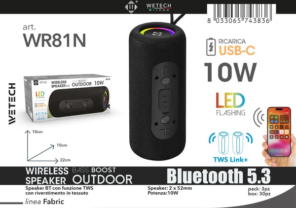 Bluetooth-kaiutin, 10W Teho, TWS Stereo Link,WR81N