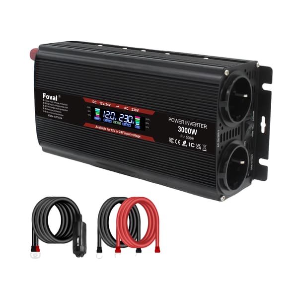 Inverter, Modificeret Sinuskurve, Dobbelt USB-porte,3000W 12V 24V sort