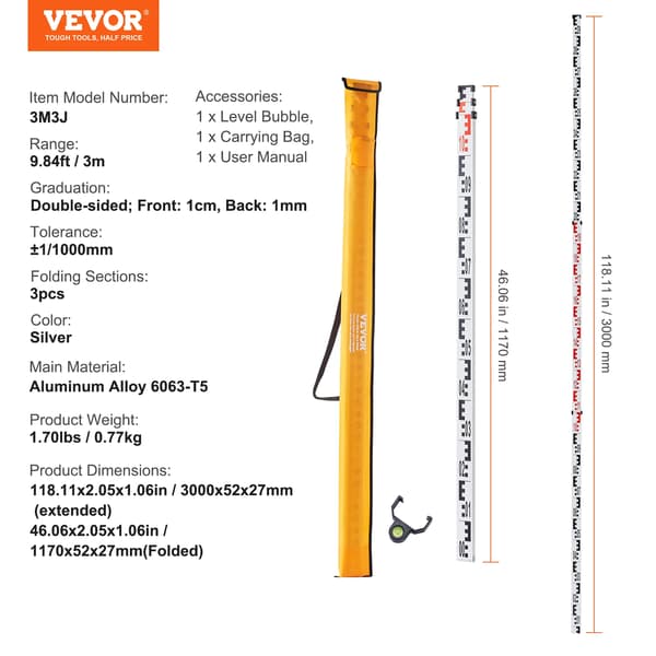 Målerod, teleskopisk design, holdbar aluminiumkonstruktion,3m