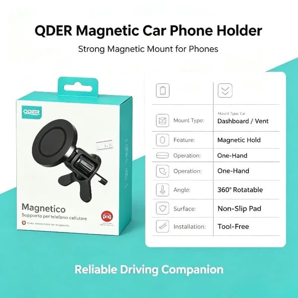 Magnetisk Biltelefonholder, 360-Graders Rotation, Nem Installation,sort