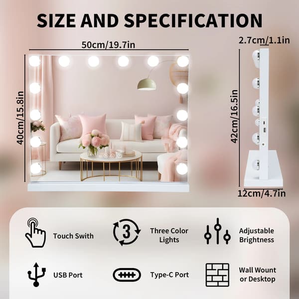 Makeup Spejl, 14 Dæmpbare LED-pærer, Moderne Design,HVID