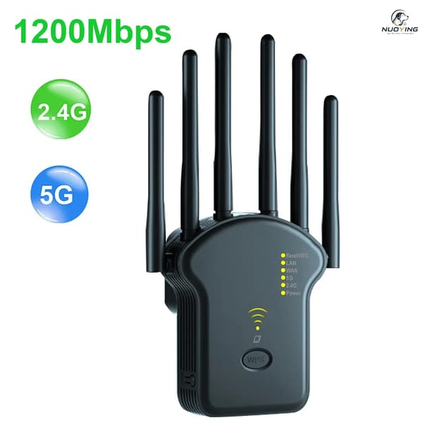 WiFi Range Extender, Dual Band Ydeevne, Forbedret Dækning,2.4G 5G 1200M Sort