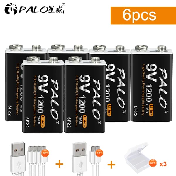 9V-batteri, uppladdningsbart litiumjon, Micro USB-laddning,6PCS batteri