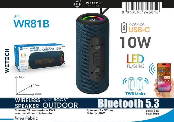 Bluetooth-kaiutin, 10W Teho, TWS Stereo Link,WR81B
