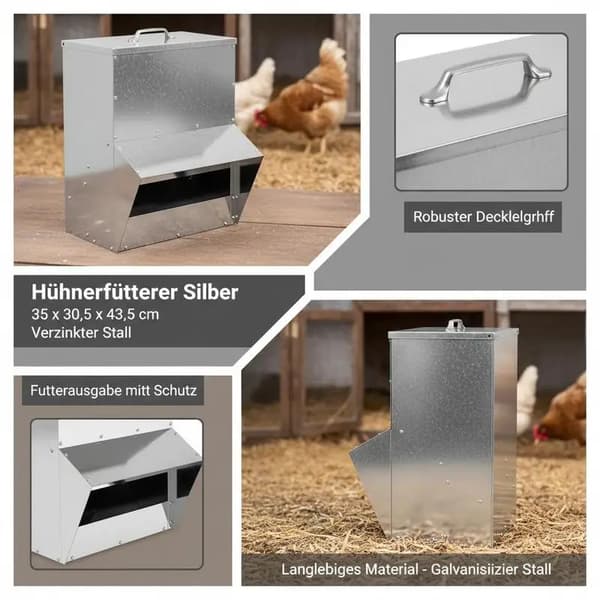 Foderautomat för höns, hållbar galvaniserad stål, lätt att rengöra,M, Silver