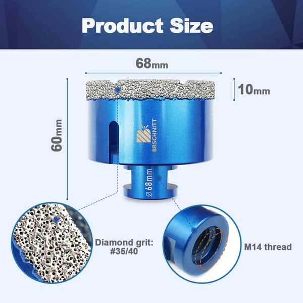 Kernebor, Diamantmateriale, M14 Gewindekompatibilitet,Dia 68mm, 2stk