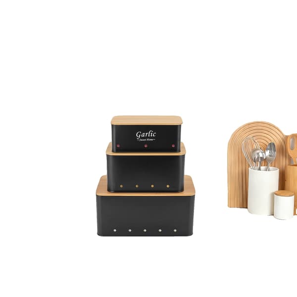 Grönsaksförvaringsbehållare, Kolfiberstål och Bambus, 3-pack, Rektangulär Form, Luftcirkulationsventiler, 2,6 kg Vikt