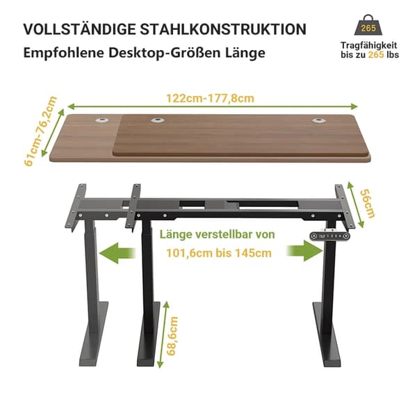 Højdejusterbart Skrivebordsramme, Dobbelt Motor System, Hukommelsesfunktion,Sort