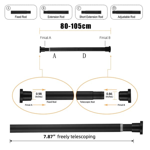 Bruseforhængsstang, Justerbar Længde, Teleskopisk Design,sort80-105CM