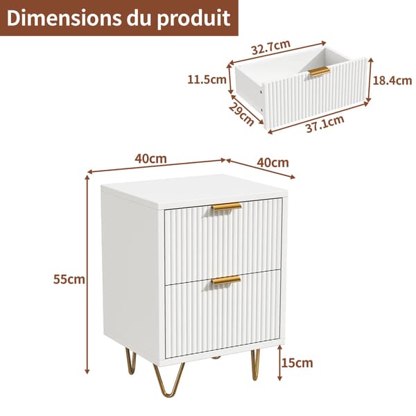 Sengebord, 2 Skuffer, Elegant Design,Hvid