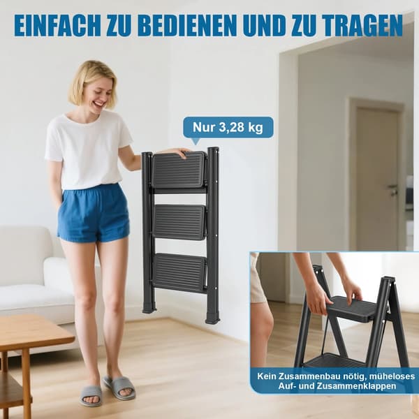 Foldestige, Kulstofstål, 150 kg Belastning,3 Trin-Sort