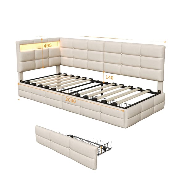 Sofa Seng, LED Belysning, USB Opladningsport,Beige 90x200 cm