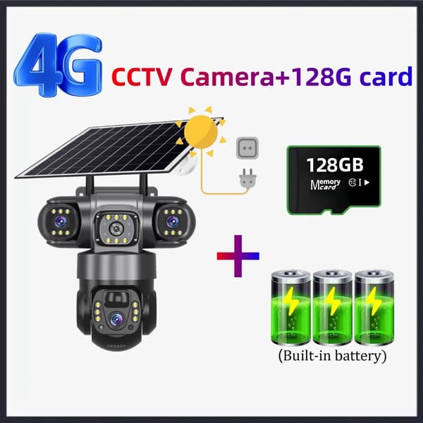 Utomhus säkerhetskamera, 4G-anslutning, trippelobjektivdesign,4G Kamera + minneskort