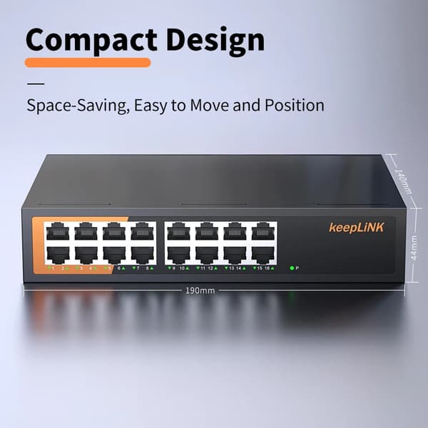 Gigabit Ethernet Switch, 16-Port, Uadministreret,16x1GbE Uadministreret