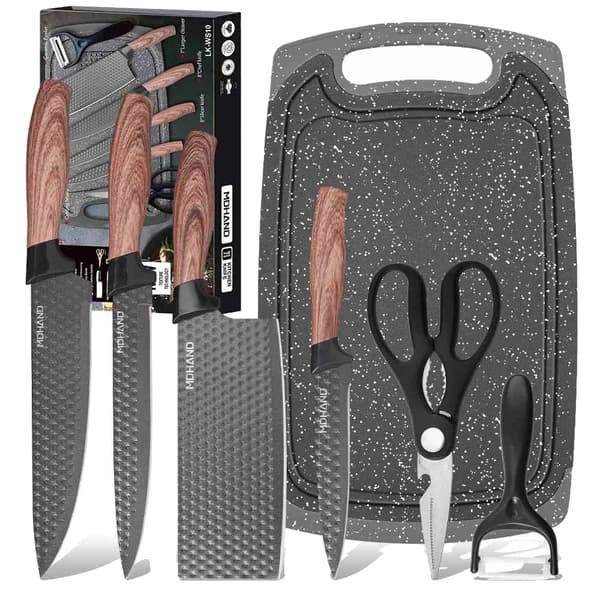 Køkkenkniv Sæt, Rustfrit Stål Blade, Ergonomiske Håndtag,Brun