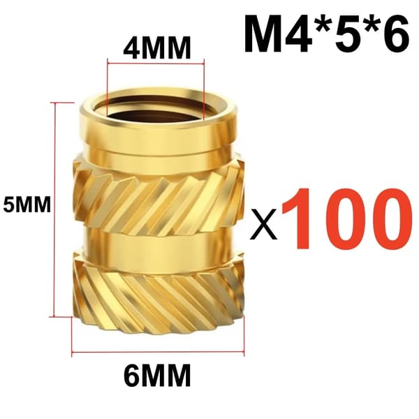 Indsættelse af indlægsmøtrikker, messingmateriale, rillet design,100 PCS M4X5X6