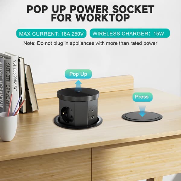 Retractable Pop-Up Stikdåse, Trådløs Opladning, USB-porte,220V, sort