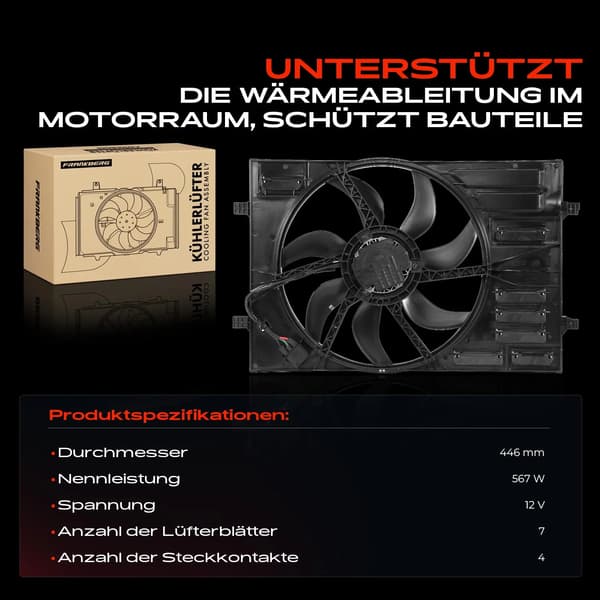Motor køler, Diameter 446 mm, Spænding 12 V, 7 ventilatorblade, 4 stikforbindelser, Nominel effekt 567 W