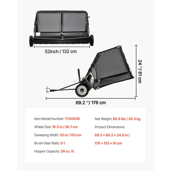 Plænefejer, Justerbar fejehøjde til have, Robust konstruktion,26 cu.ft. 52inch