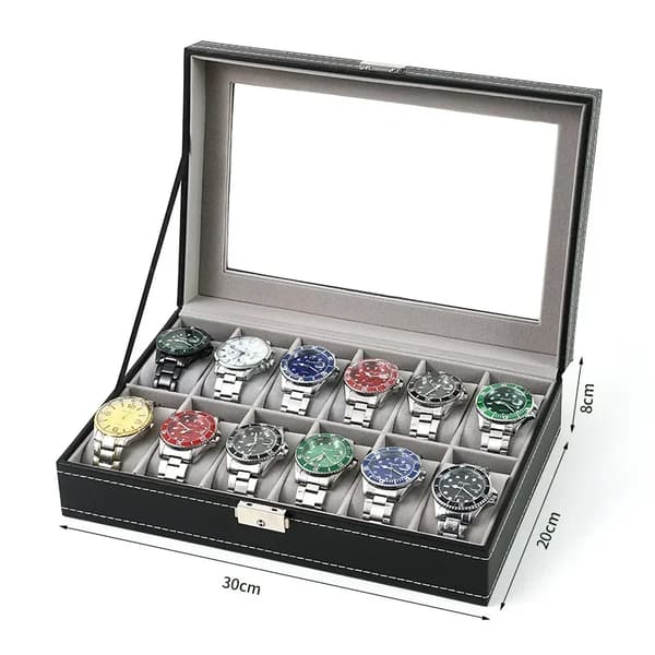 Urkasse, Læderlook Materiale, Glas Top Vitrine,Sort 12 solts