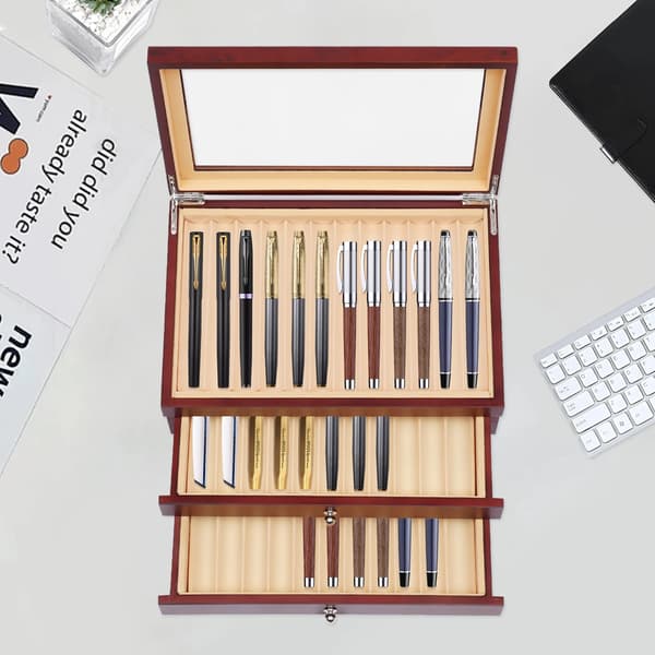 Fountain Pen Display Box, 34 Slots, Elegant Wood Design,Rød