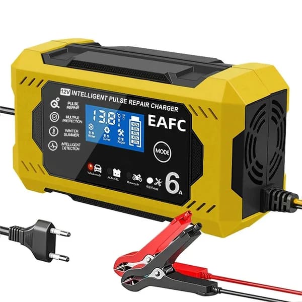 Bilbatteriladdare, 6A Laddström, LCD-display,12V 6A gul