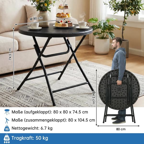 Fällbord, Stålram, Bärbart och Stabilt,Rund 80cm Svart