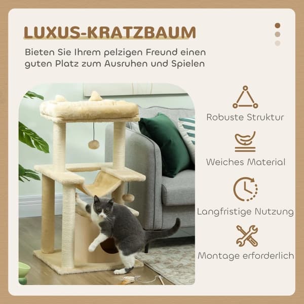 Kattetræ, 48L x 48B x 90H cm, Solid Spånplade, Egnet til katte under 4 kg, Dobbelt niveau, Blød plys