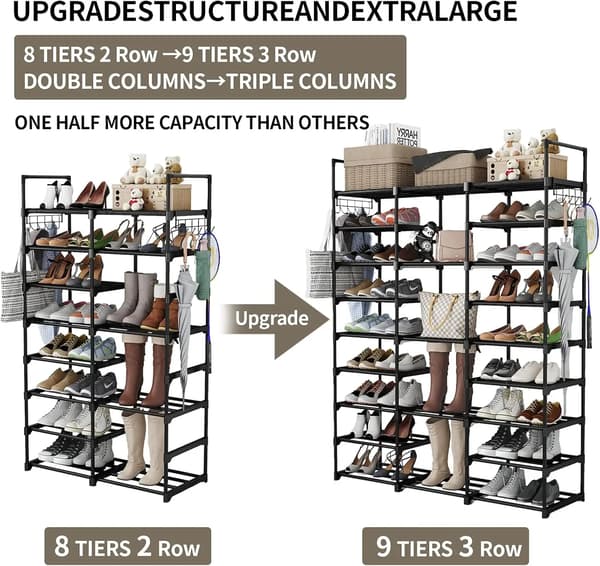 Sko Rack, Pladsbesparende Design, Stor Kapacitet,sort farve