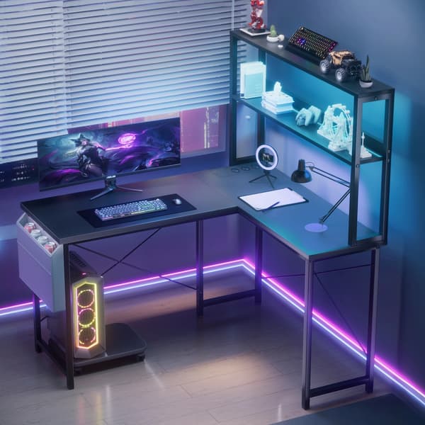 Gamingbord, Multi-Farvet LED-belysning, L-formet design,01 Sort