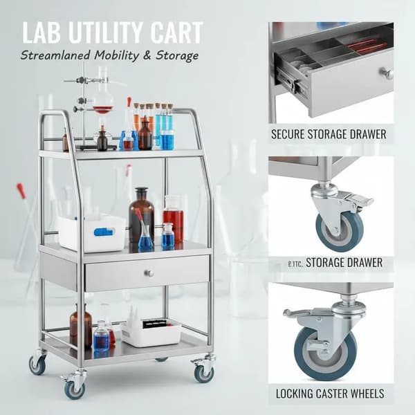 Laboratorie Servicetrolley, Rustfrit Stål, 3-Lags Design,Sølv