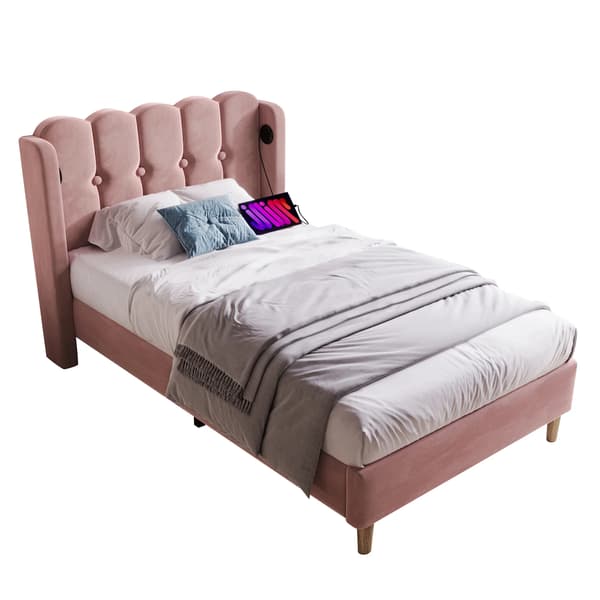Säng, Sammetmaterial, USB Typ-C Laddning,Rosa, 90*200cm