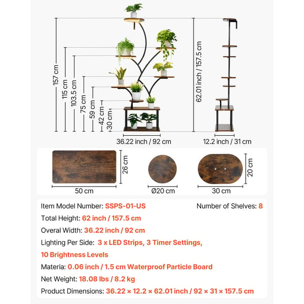 Planteholder, Justerbar Lysstyrke, Timerfunktion,62tommer