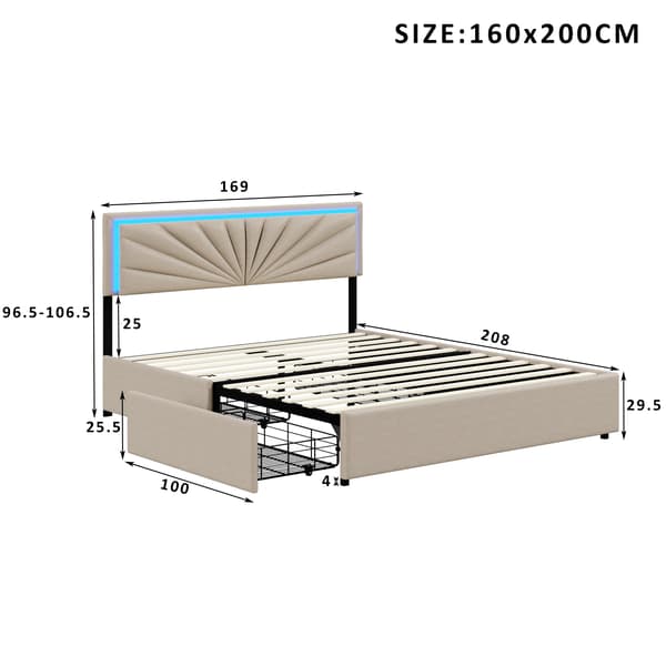 Seng, LED-belysning, Justerbart hoved,160×200cm, Beige