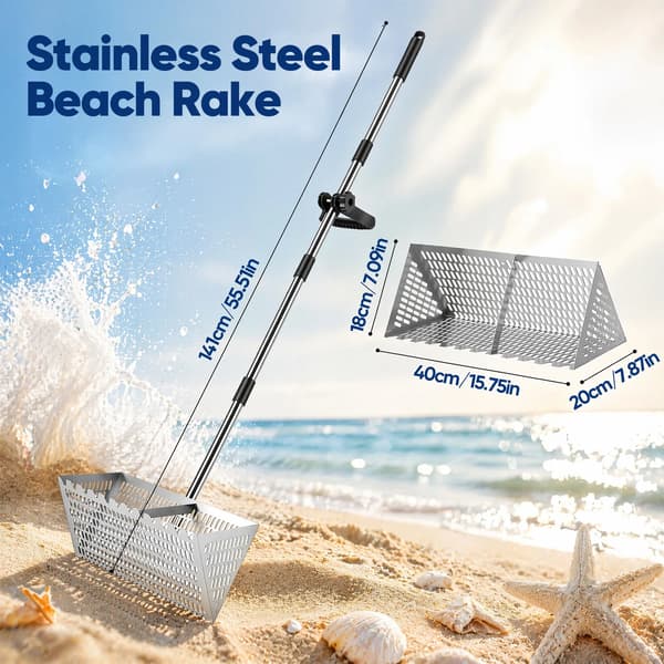 Strandrive, Rustfrit Stål Konstruktion, Ergonomisk Håndtag,Sølv