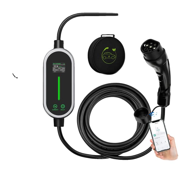 Bærbar EV-lader, Smart opladning, Justerbar strøm,sort